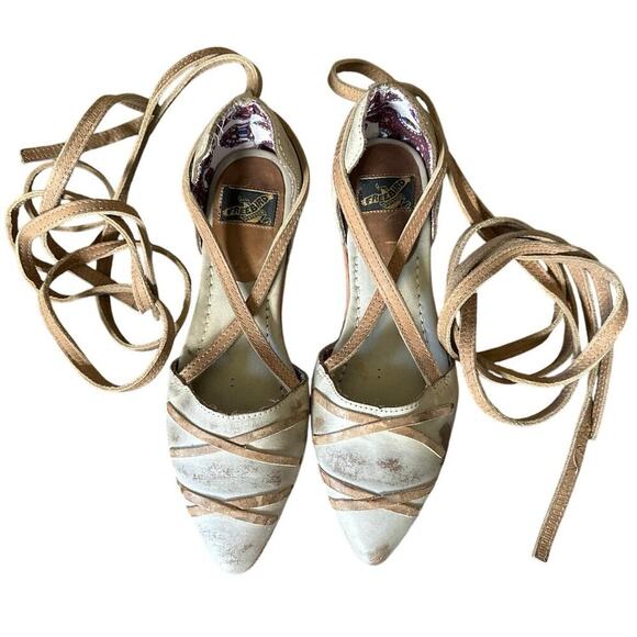 Rare Freebird by Steven Eryn Cream Nude Leather Lace up Ballet Flats Size 8 - Picture 1 of 5